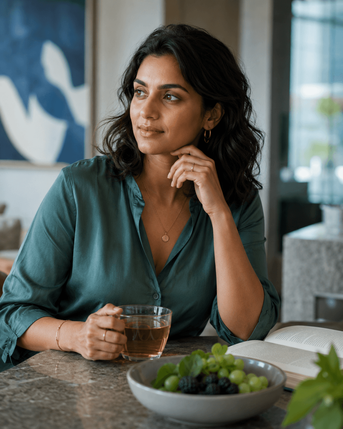 An Indian woman enjoying a thoughtful wellness ritual with tea, fruit and quiet reading