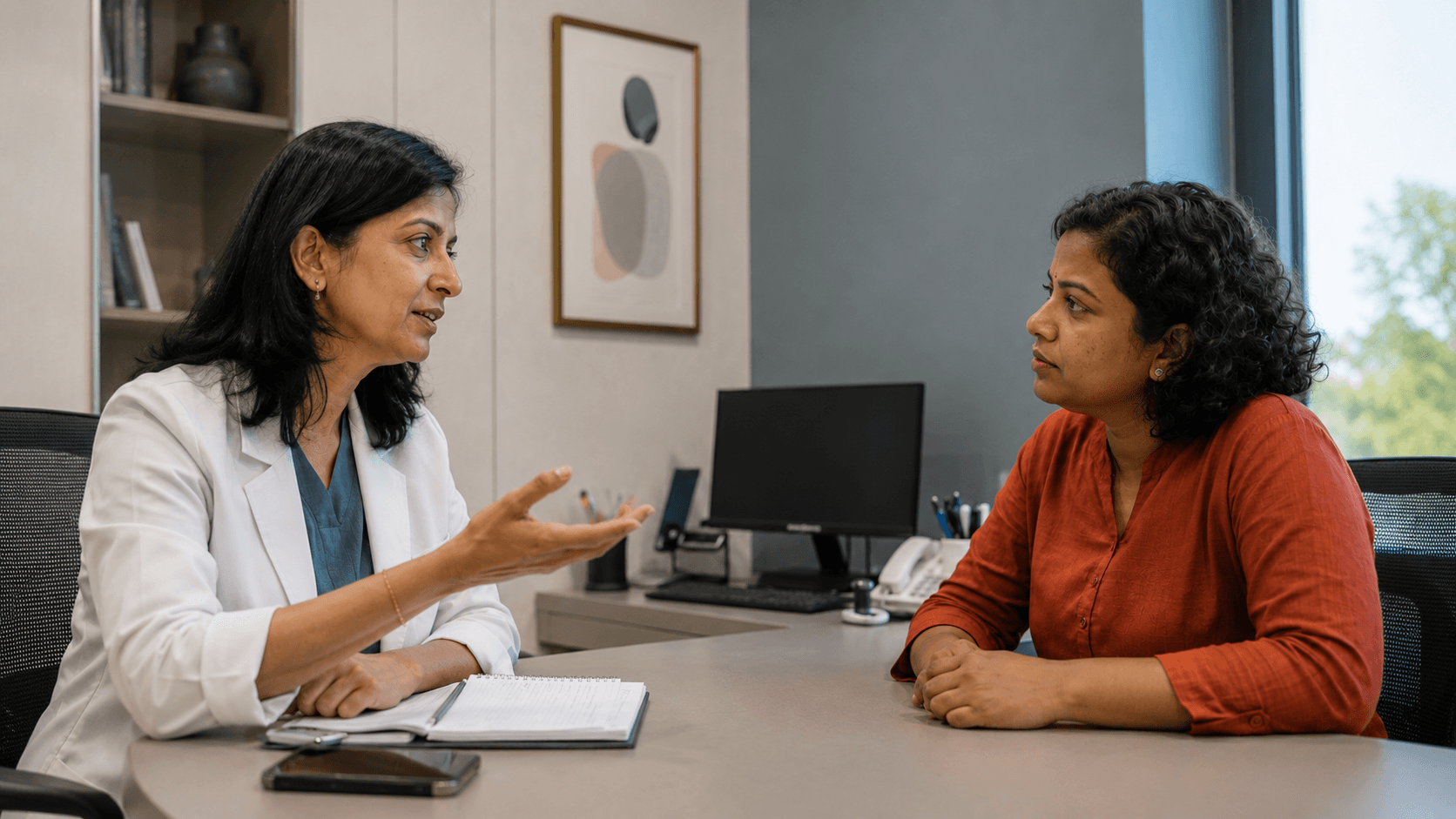 An Indian dermatologist speaking with a patient during a professional consultation