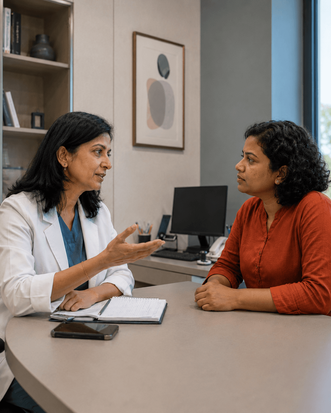 An Indian dermatologist giving thoughtful skin-care guidance to a patient