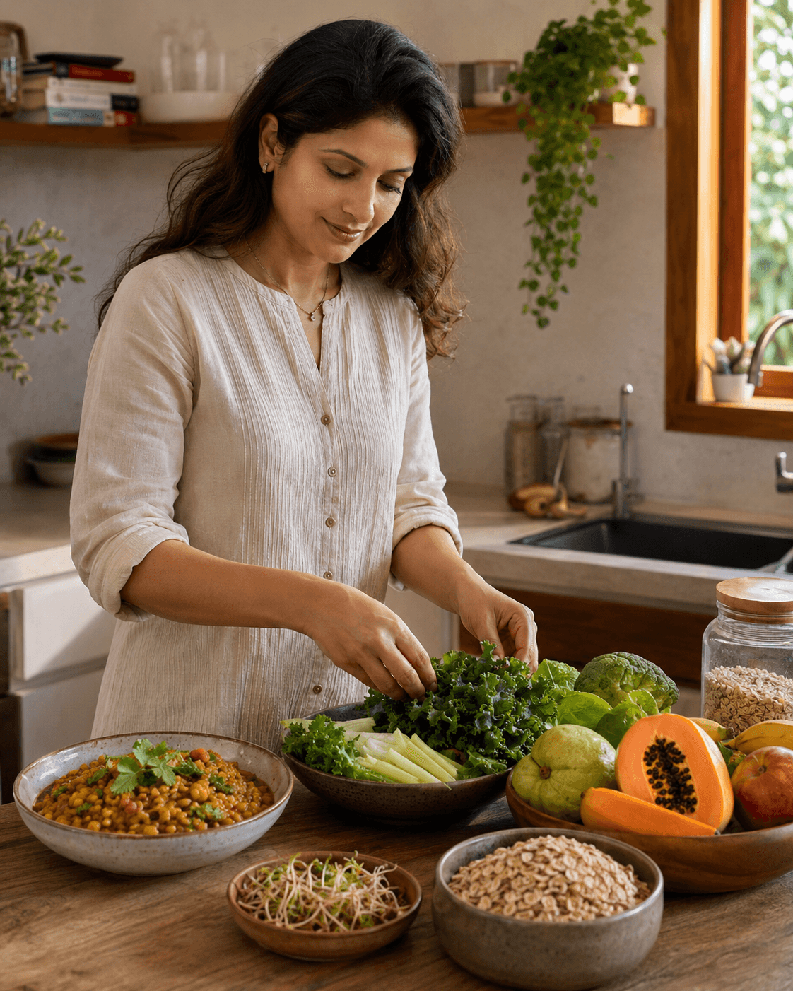An Indian woman preparing a fibre-rich meal with lentils, leafy vegetables, whole grains and fresh fruit in a naturally lit contemporary kitchen.