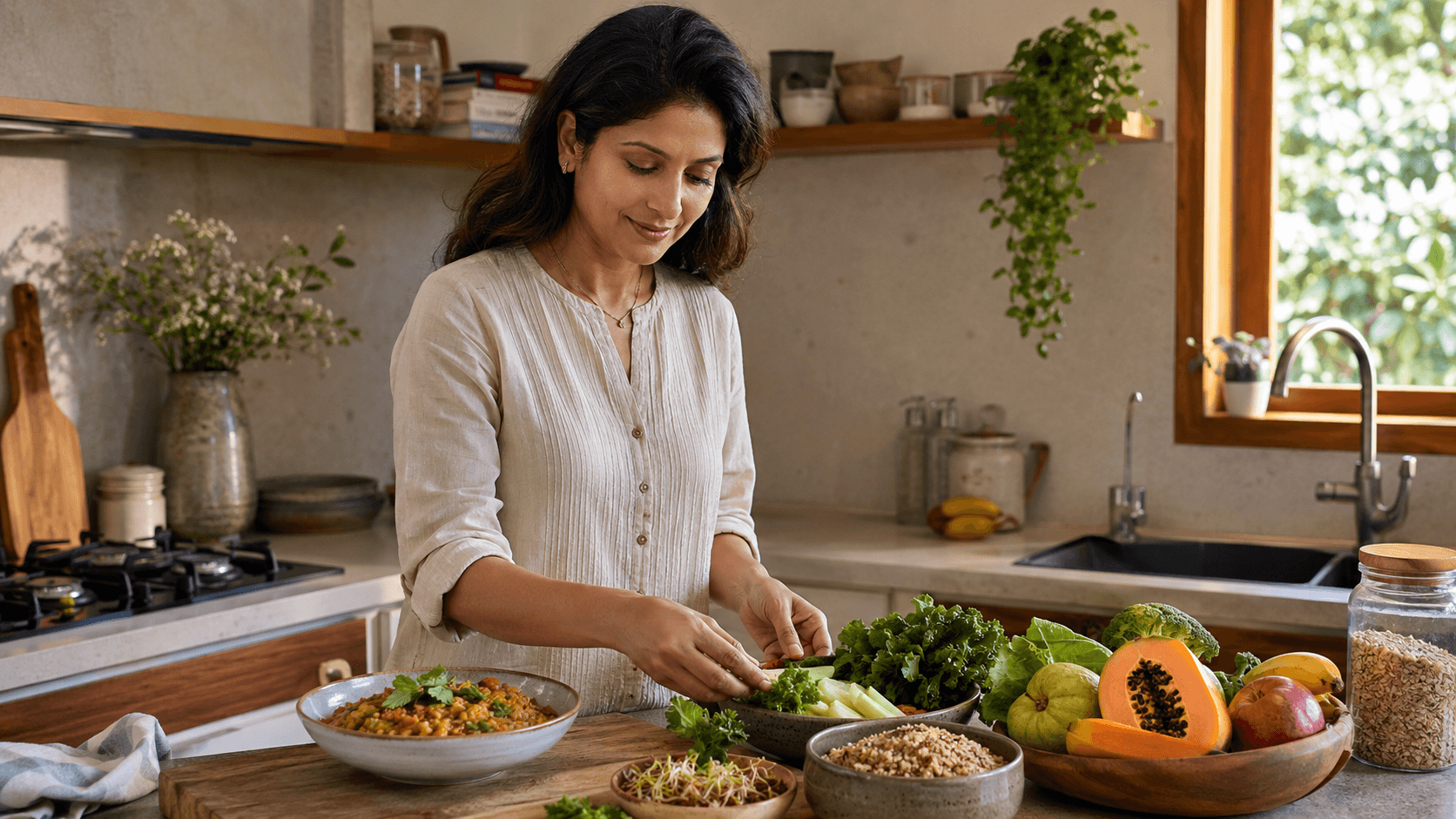 An Indian woman preparing a fibre-rich meal with lentils, leafy vegetables, whole grains and fresh fruit in a naturally lit contemporary kitchen.