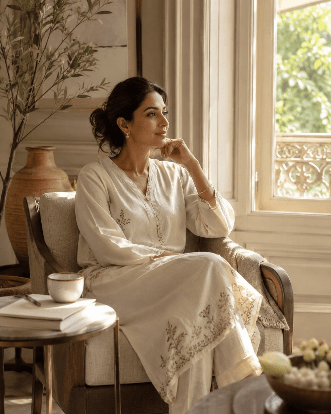 A modern Indian woman standing in a sunlit heritage courtyard