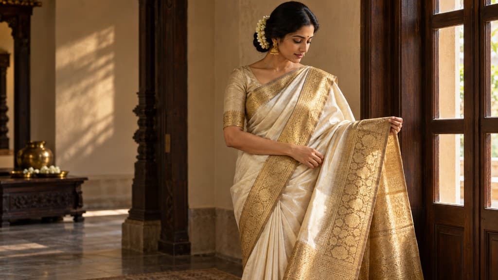 An Indian woman in a cream and gold Kanjivaram silk saree holding the woven border beside a sunlit window