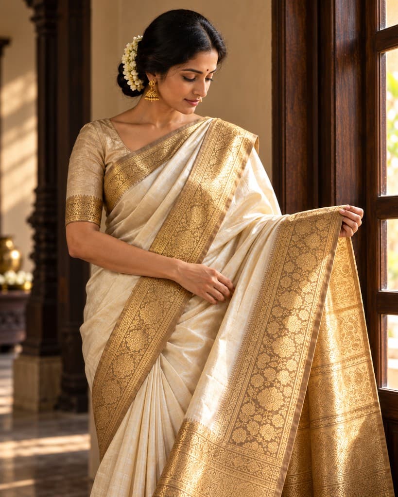 An Indian woman in a cream and gold Kanjivaram silk saree holding the woven border beside a sunlit window