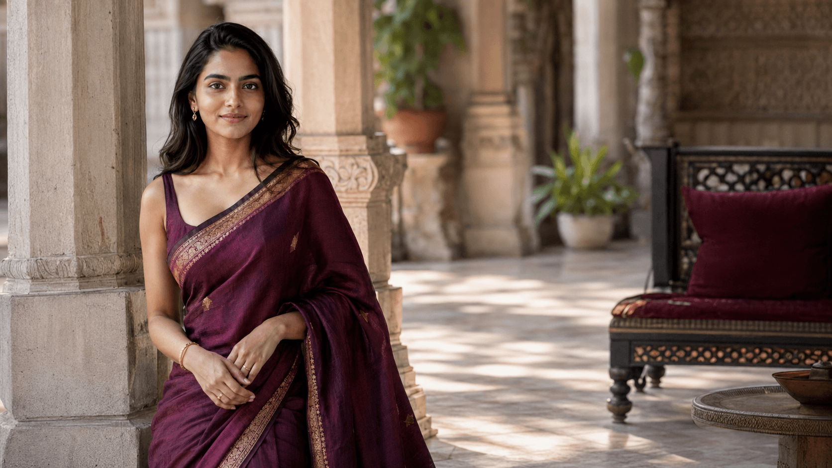 An elegant Indian woman wearing refined ivory tailoring in warm natural light