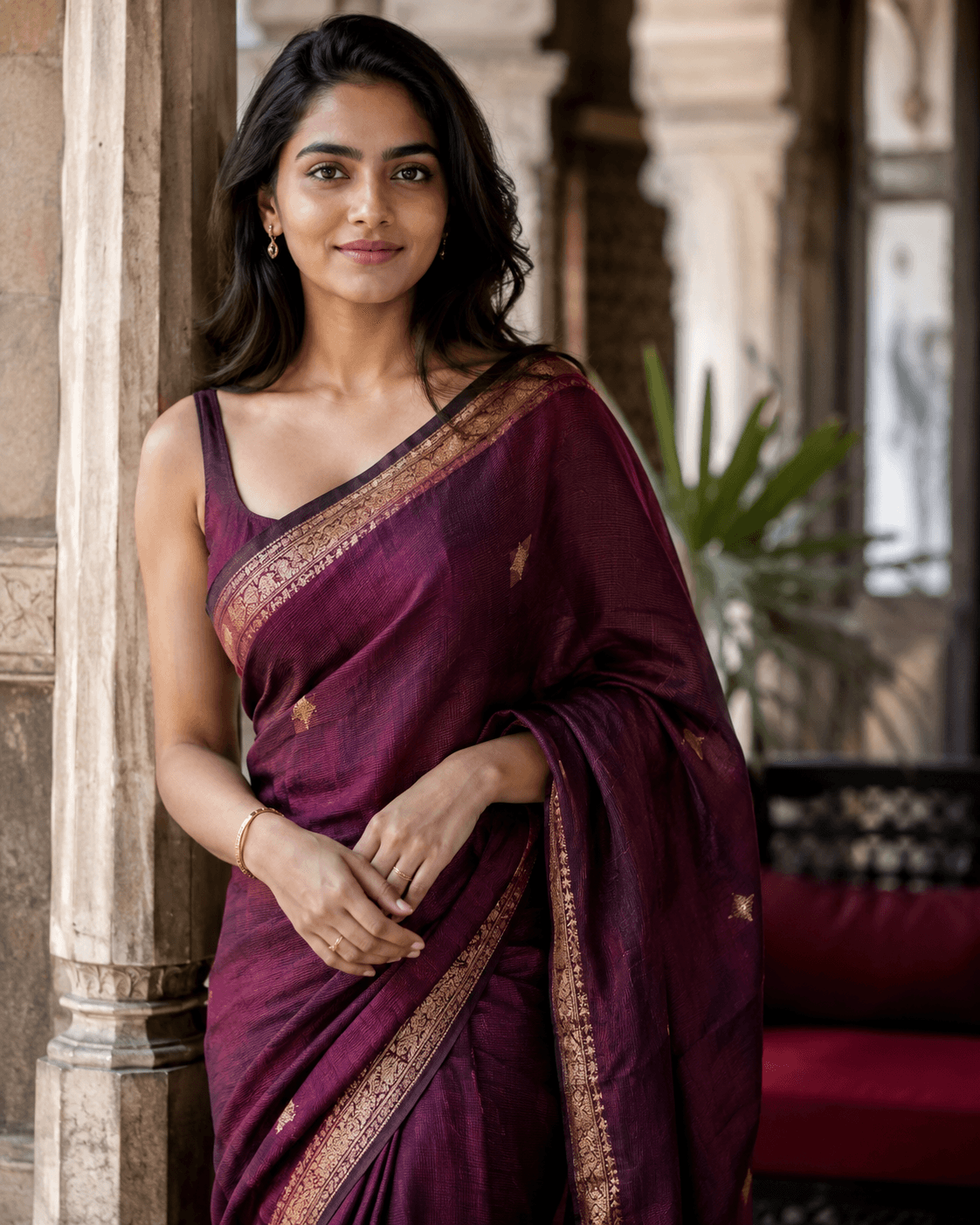 An elegant Indian woman wearing refined ivory tailoring in warm natural light