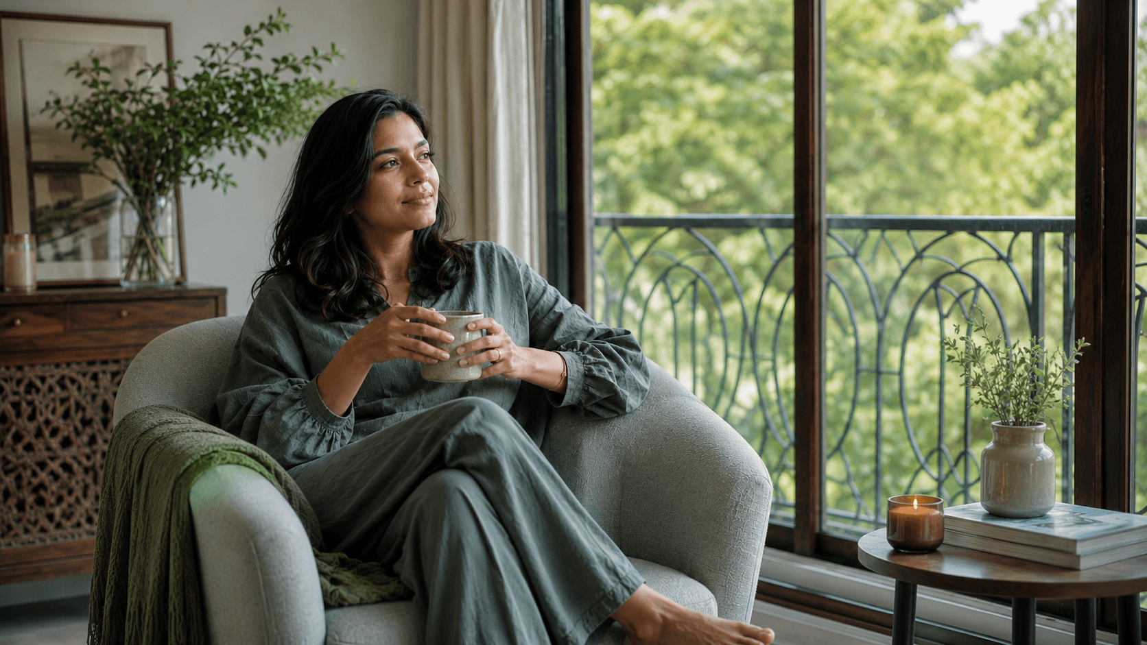 An Indian woman resting beside an open balcony window in calm early-morning light
