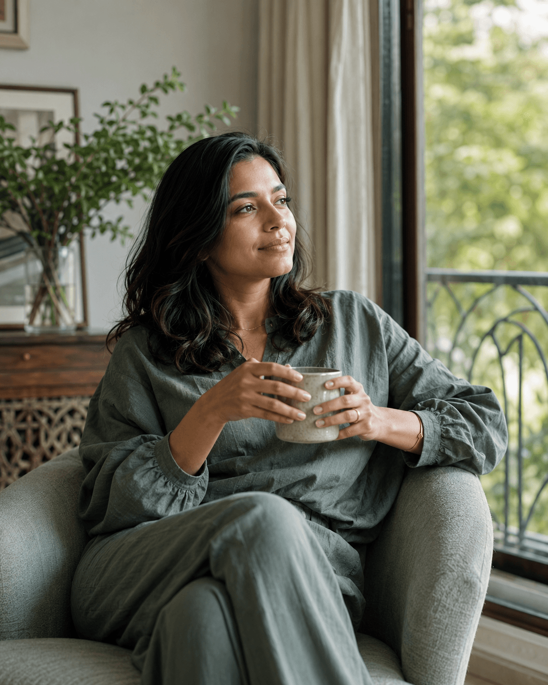 An Indian woman enjoying a quiet morning beside an open window with a warm drink