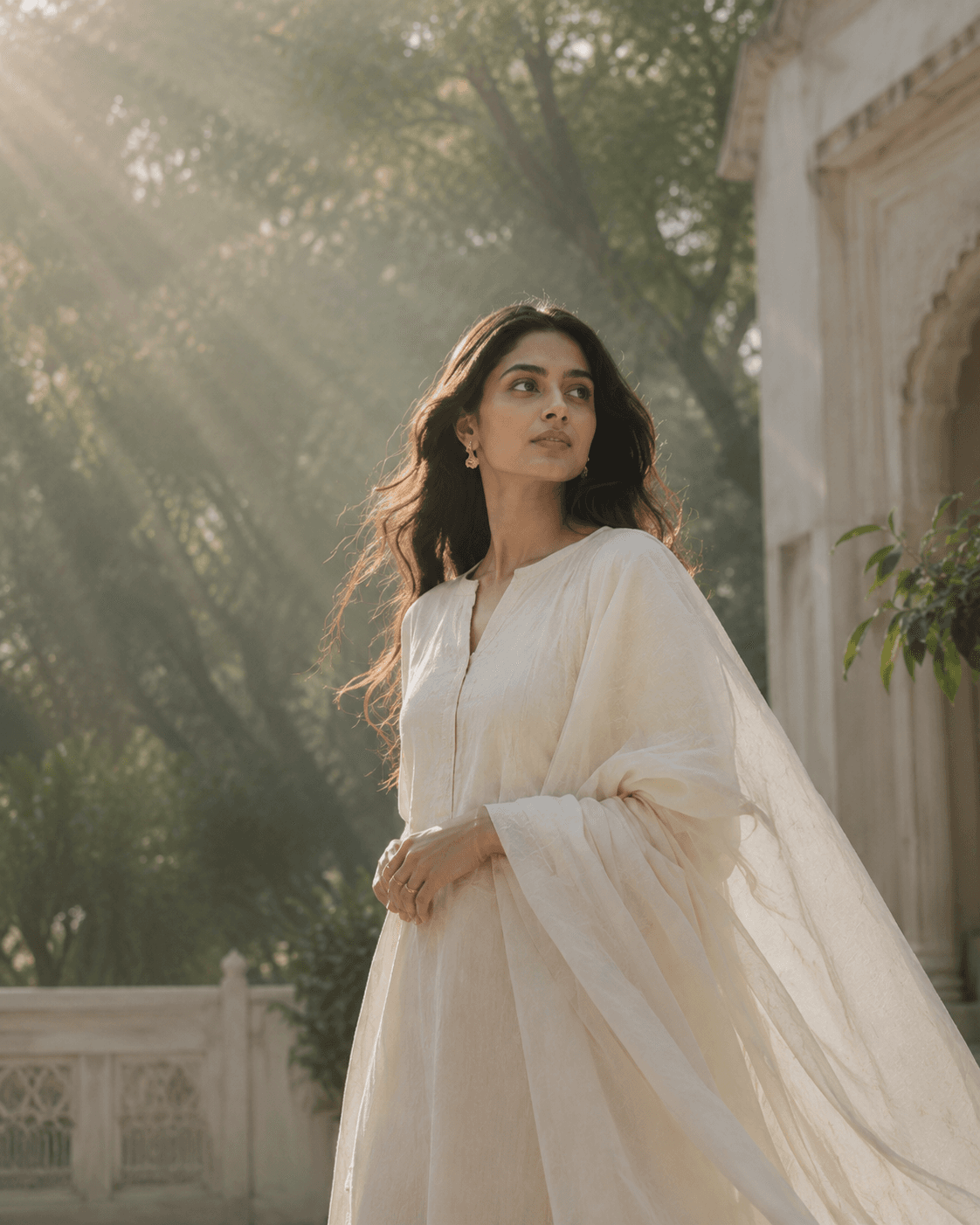 A modern Indian woman standing in a sunlit heritage courtyard