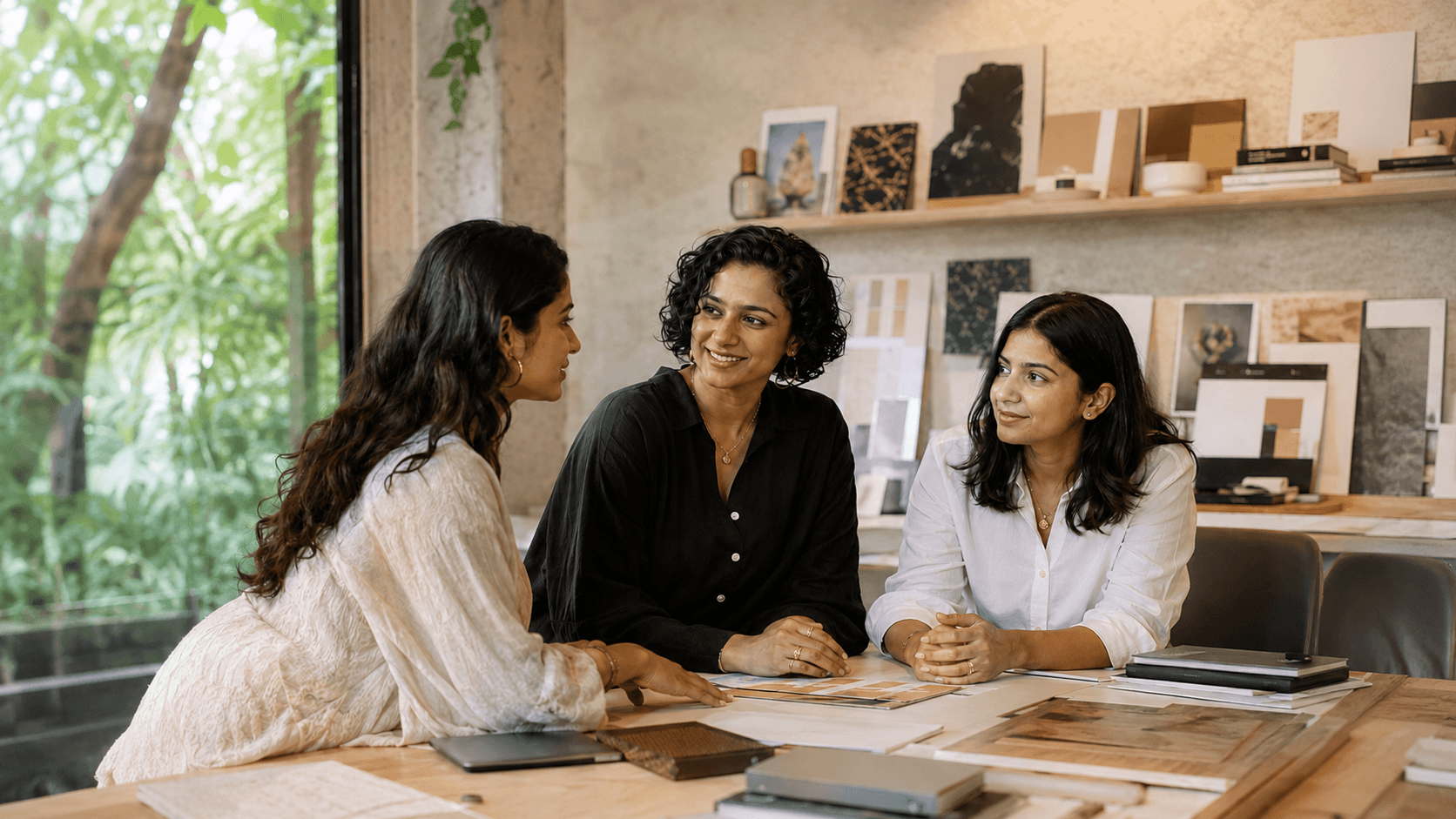 Three Indian women discussing ideas and materials inside a contemporary design studio