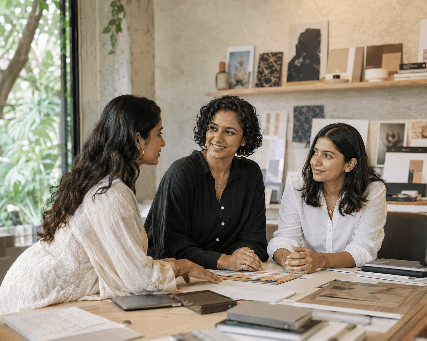 Three Indian women collaborating inside a contemporary creative design studio