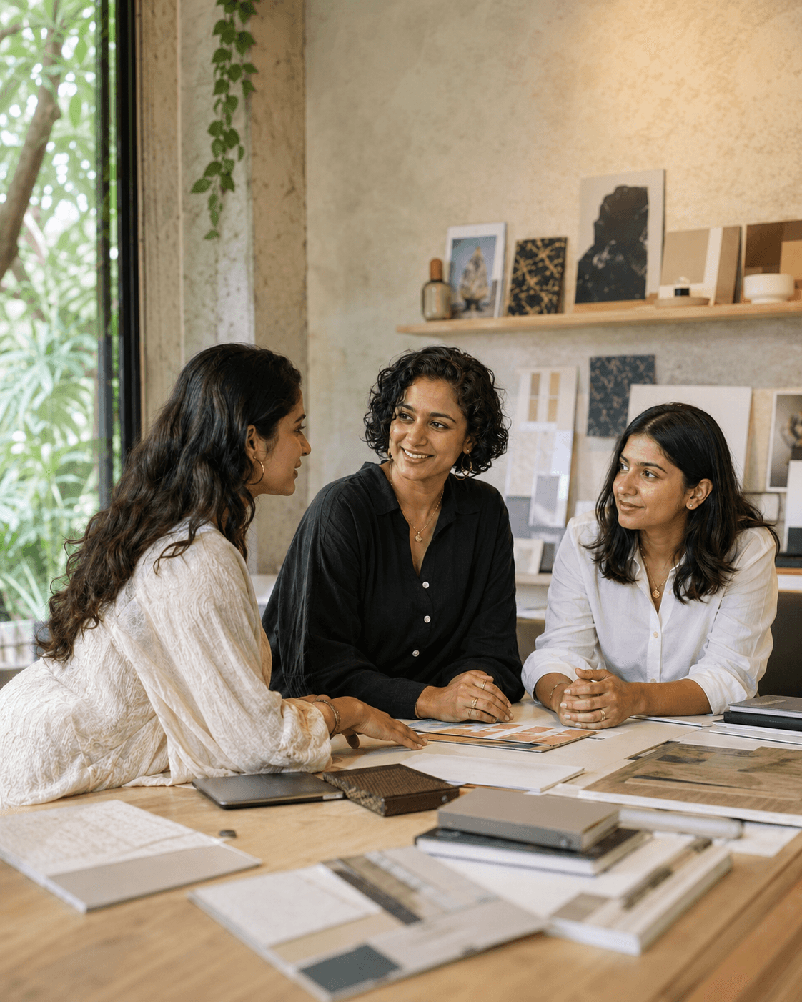 Three Indian women collaborating around a design table in a contemporary creative studio
