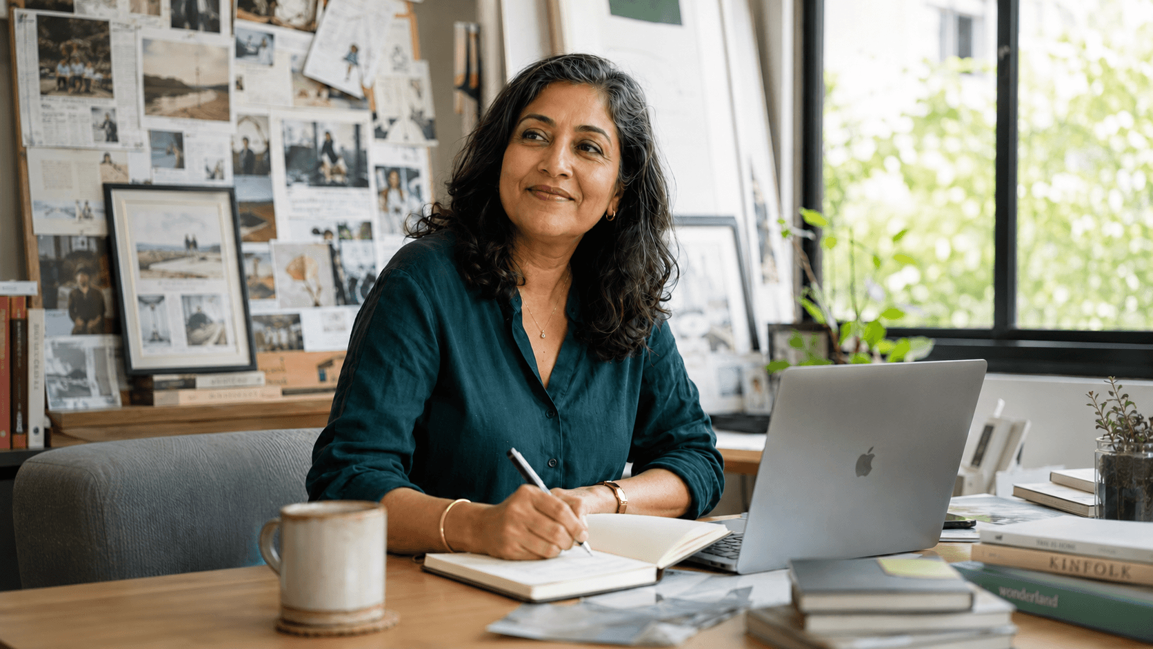 An experienced Indian woman writing at a refined workspace in warm morning light