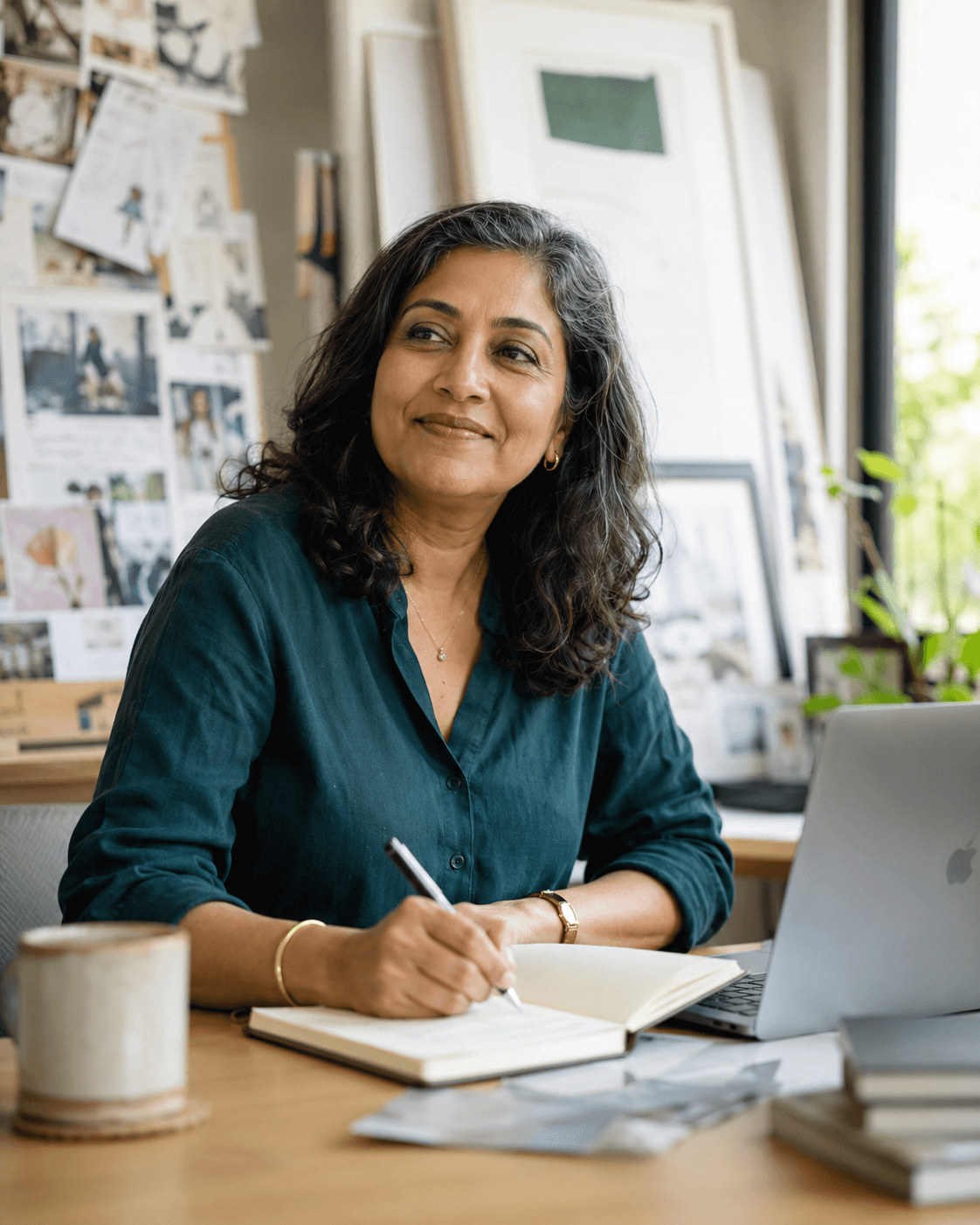 An experienced Indian woman thoughtfully planning a new chapter at her workspace